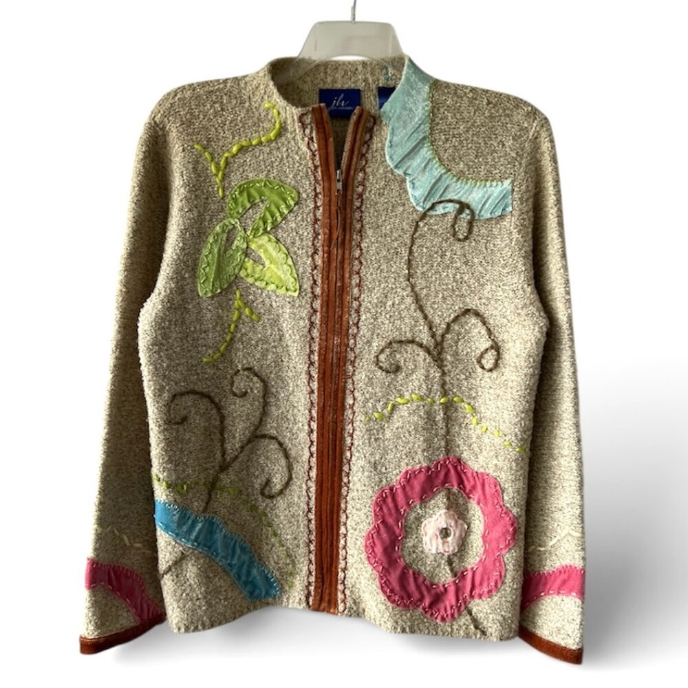 JH Collectibles Sweater,  Zip-up Bouclé with Floral Design, Size XL, EC!
